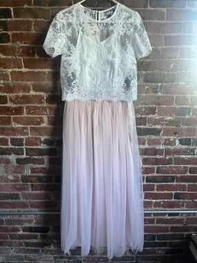 Lace Bodice Tulle Maxi Dress in White and Blush